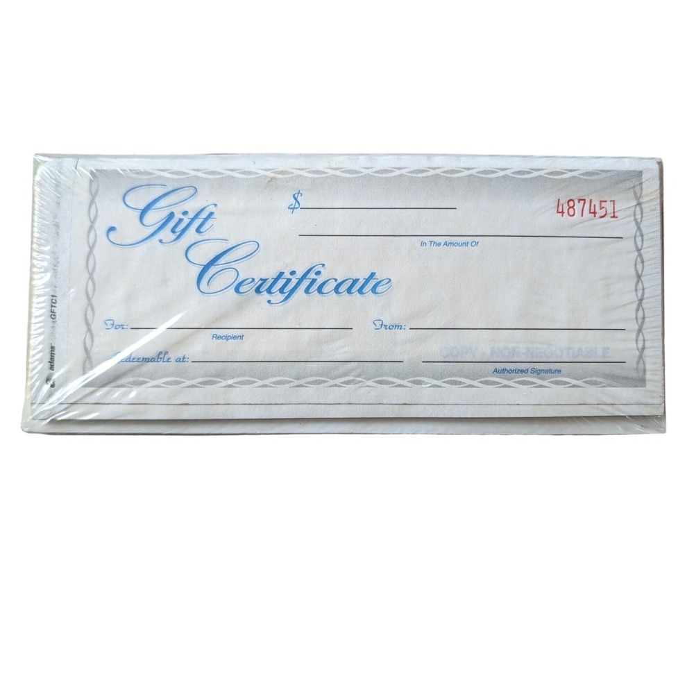 Adams 25 Gift Certificates Two Part Carbonless With Envelopes GFTC1 Blue White